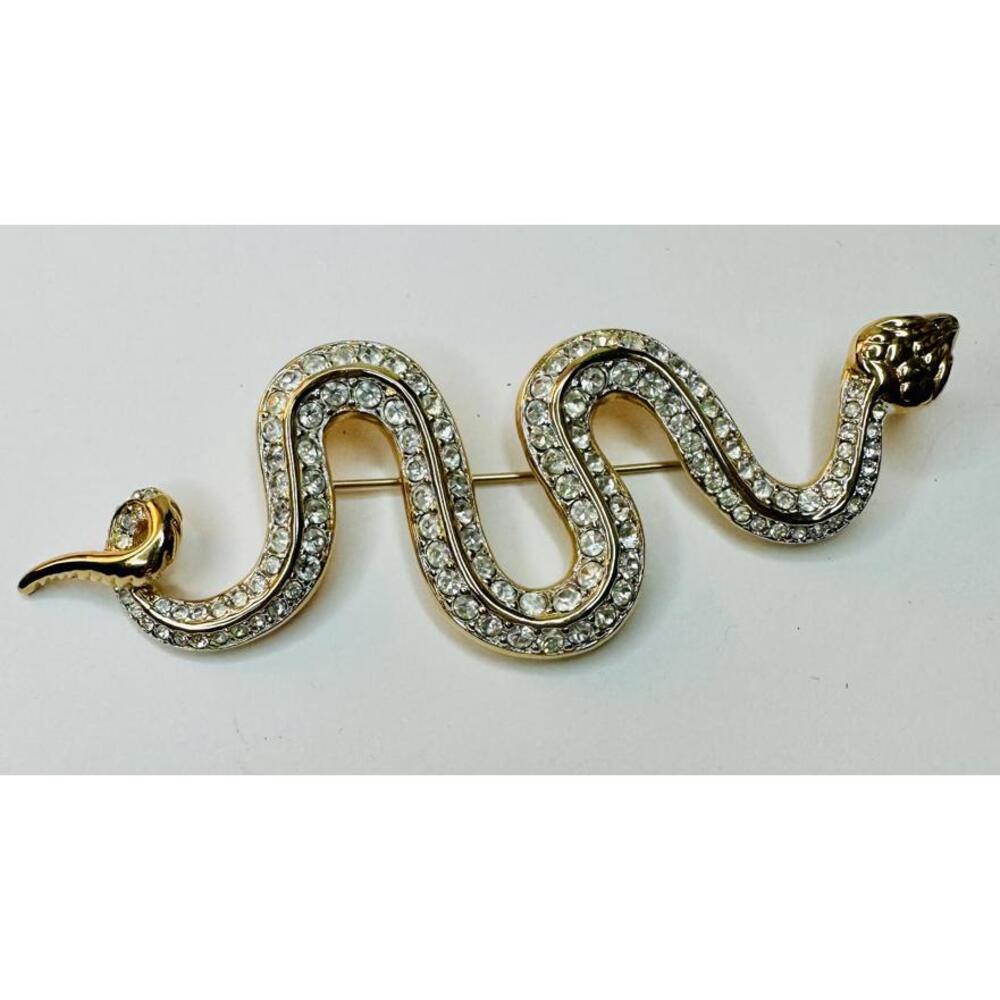 Elegant Gold Snake Brooch with Rhinestones by Swarovski - Picture 4 of 9